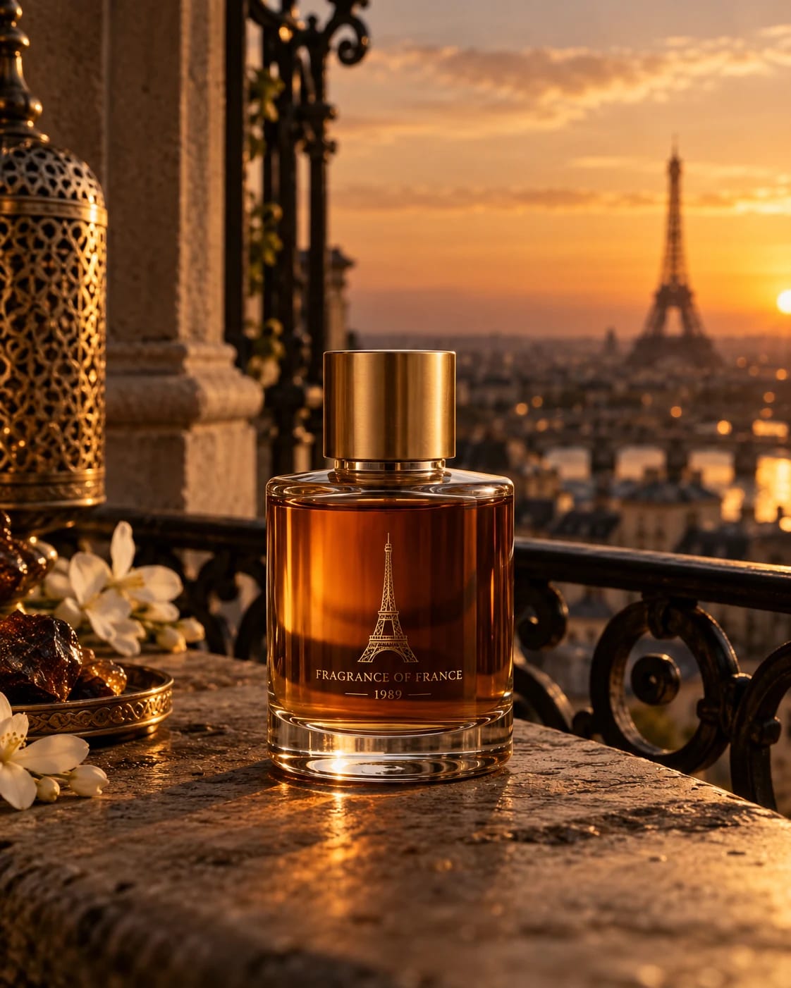 An amber perfume bottle on a Parisian balcony overlooking the Eiffel Tower at sunset