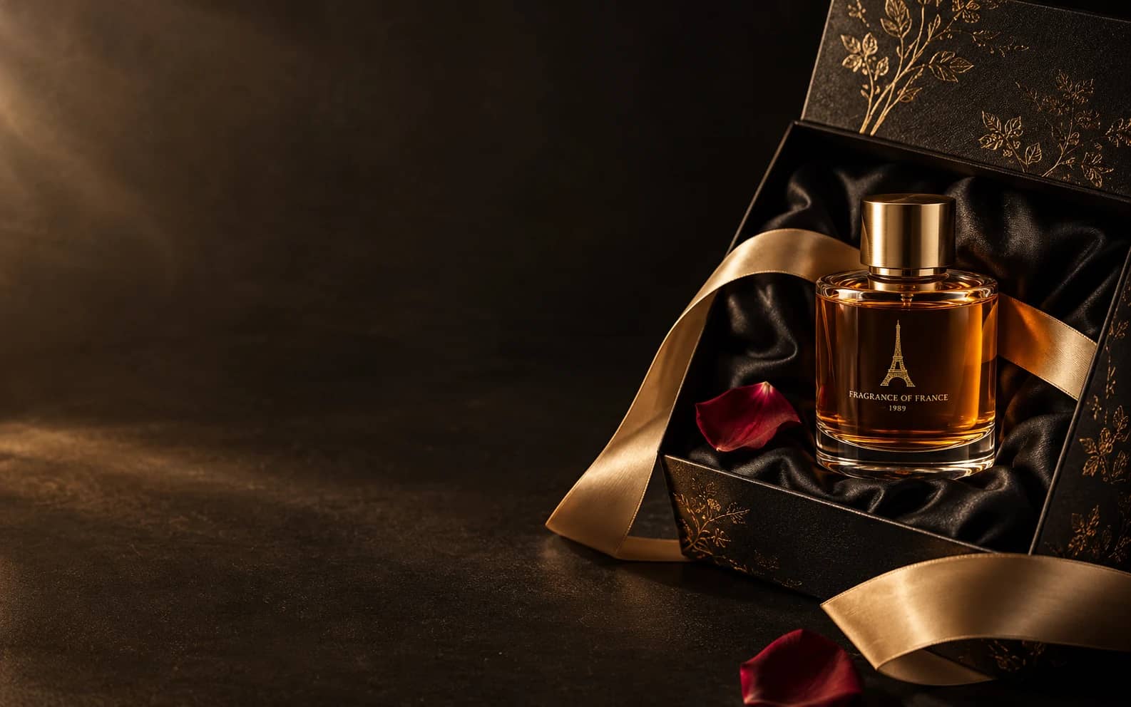 An amber perfume bottle in a black and gold gift box lined with satin and a champagne ribbon