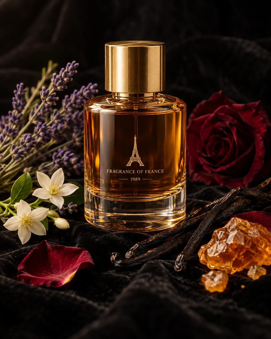 An amber perfume bottle surrounded by lavender, jasmine, rose, vanilla and amber resin on black velvet