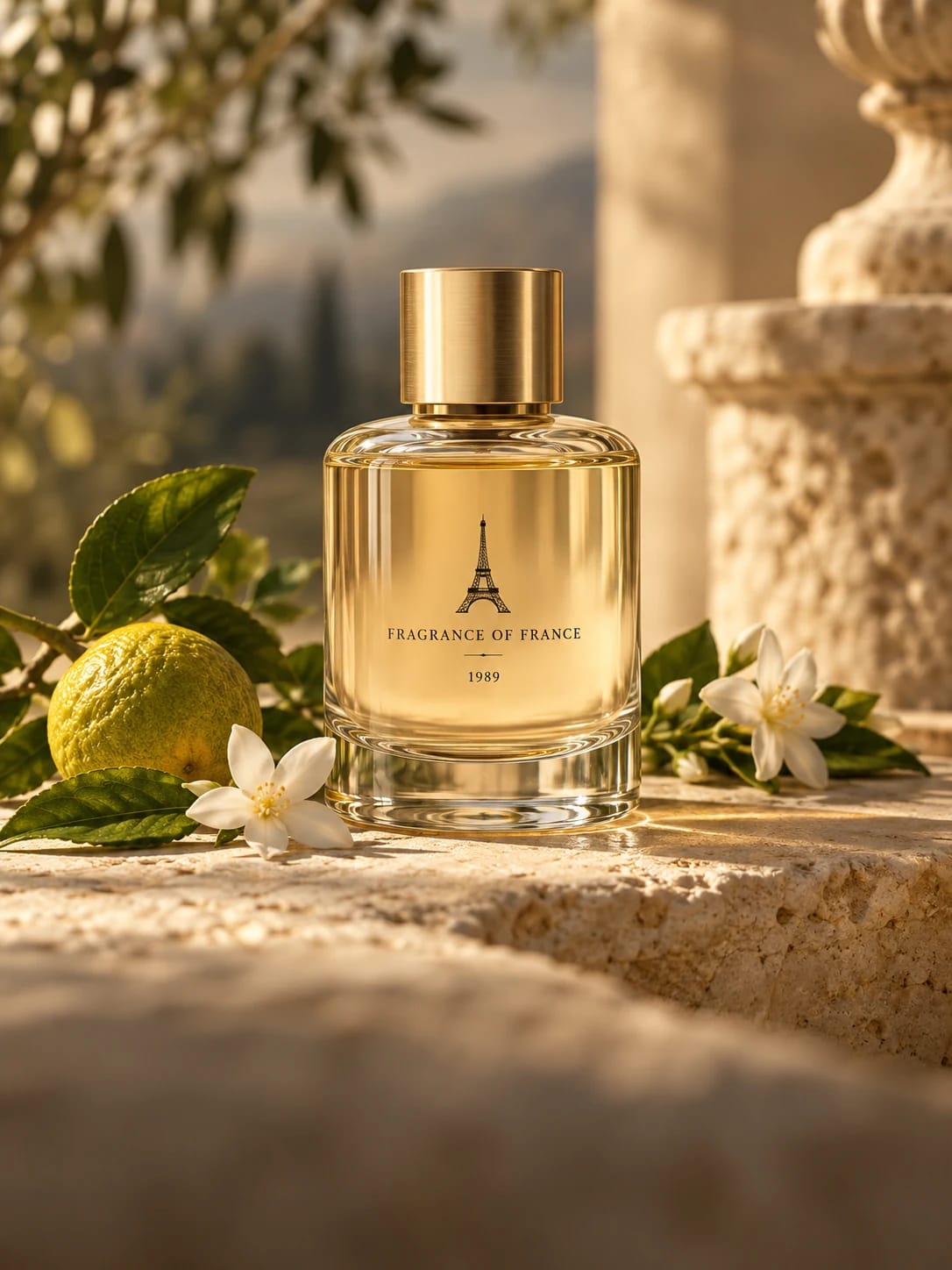 A pale golden fragrance bottle with bergamot, jasmine and green leaves on sunlit limestone