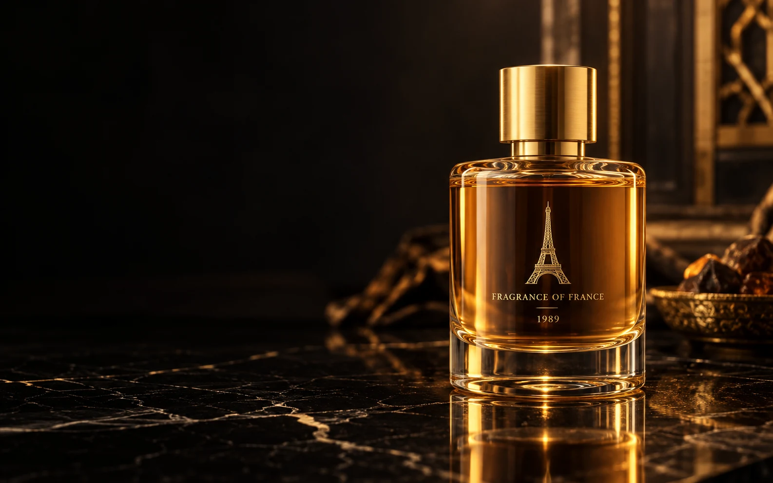 A gold-capped amber perfume bottle on black marble, with warm light and a dark backdrop