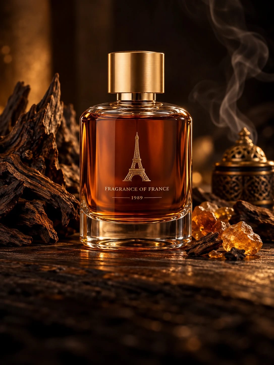 An amber perfume bottle with oud wood, amber resin and an incense burner in warm light