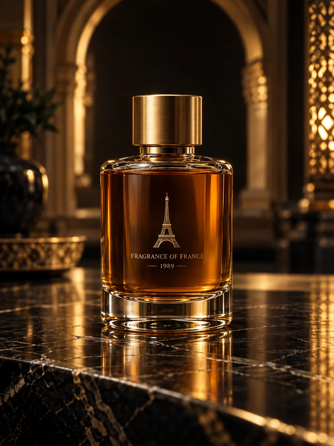 A gold-capped Signature perfume bottle on black marble before a softly lit arch
